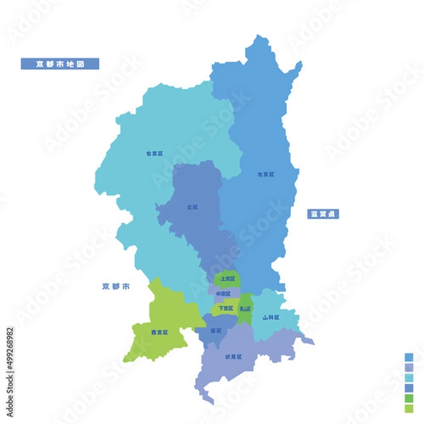 Obraz 京都市行政区・京都市地図 雨の日カラーで色分けしてみた