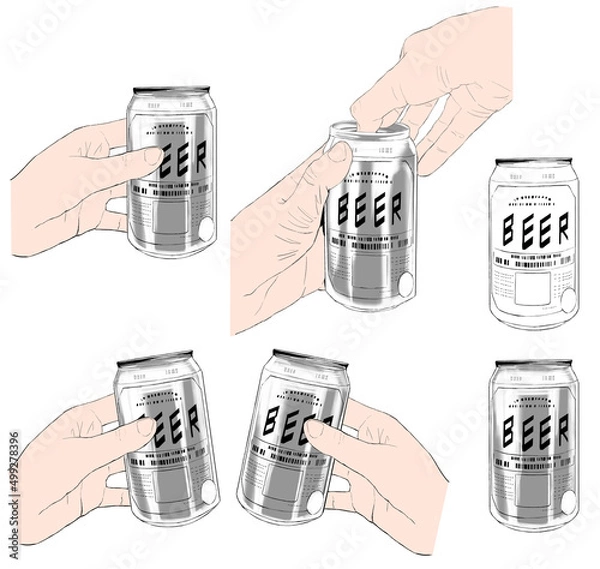 Obraz 缶ビールを持つ、乾杯する、空けるリアルな手のイラスト