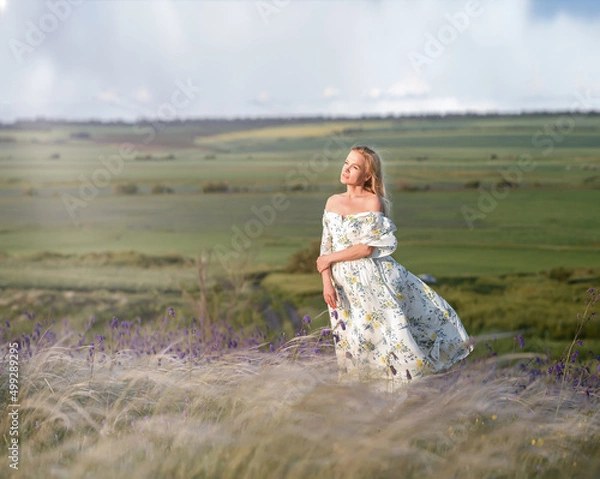 Fototapeta A girl in a summer dress in a meadow. Ukraine
Beautiful girl. Amazing summer nature around. The concept of harmony and wanderlust. Rustic natural style. A breath of wind for a dynamic photo.
