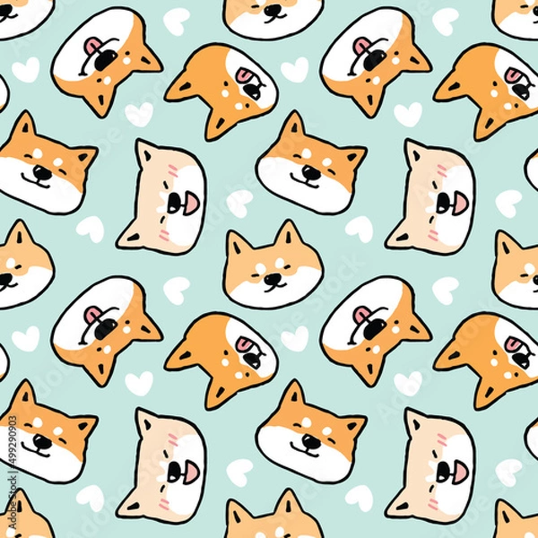 Obraz Seamless Pattern with Cute Cartoon Shiba Inu Face Design on Light Green Background with Hearts