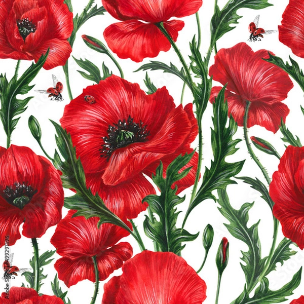 Obraz Seamless pattern with a lot of big red poppies flowers, buds, green leaves and flying ladybugs. Colorful summer or nice romantic design for textile, wallpaper, wrapping paper.