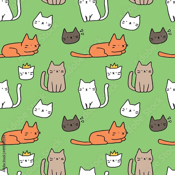 Fototapeta Seamless Pattern with Hand Drawn Cartoon Cat Design on Green Background