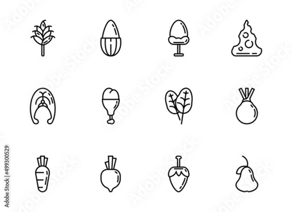 Obraz Set of healthy food icons on white background. Flat stylized outline vegetables and fruits in black color