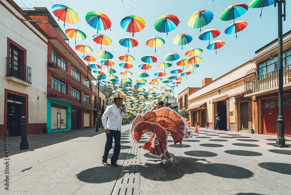Fototapeta Dancers of typical Mexican dances from the central region of Mexico, doing their performance in the street adorned with colored umbrellas.