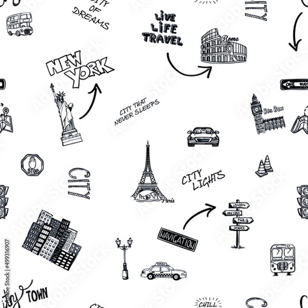 Obraz Handdrawn cities famous landmarks in seamless pattern