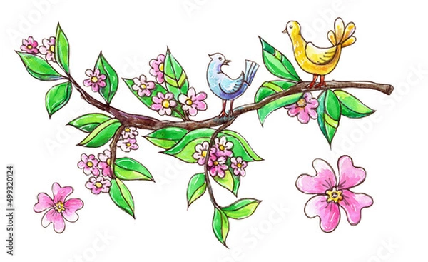 Obraz Spring watercolor illustration with flowering branch and birds. Pink flowers with green leaves.