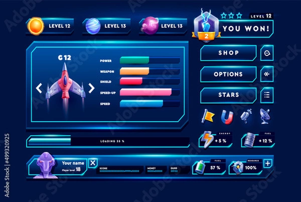 Fototapeta Game interface kit great for 2D mobile games. Space game elements.
