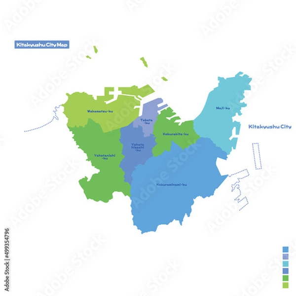 Fototapeta 北九州市行政区・北九州市地図 雨の日カラーで色分けしてみた（英語版）