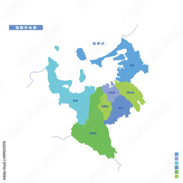 Obraz 福岡市行政区・福岡市地図 雨の日カラーで色分けしてみた