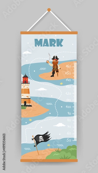 Fototapeta Kids height charts. Meter wall with pirate captain, flag and lighthouse. Vector illustration in doodle cartoon style. Childish growth chart. Poster template for nursery interior.