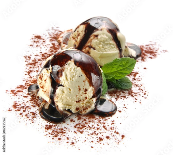 Fototapeta Tiramisu ice cream scoops with chocolate topping and cocoa