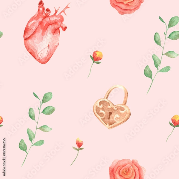 Fototapeta Seamless pattern with hand-drawn watercolor illustrations. Magical romance boho style. Texture for wrapping paper, fabric, decor.