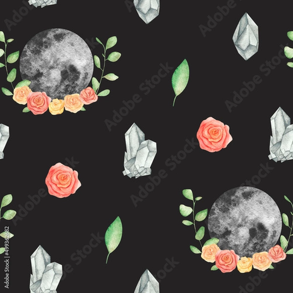 Fototapeta Seamless pattern with hand-drawn watercolor illustrations. Rose, cristal,moon  Magic School.Texture for wrapping paper, fabric, decor.