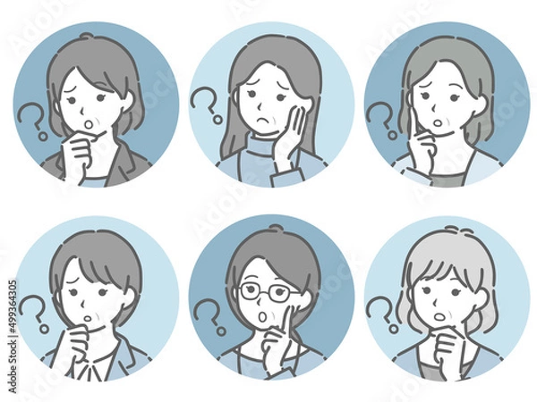 Fototapeta 疑問に思う中年女性の斜め向き丸アイコンセット