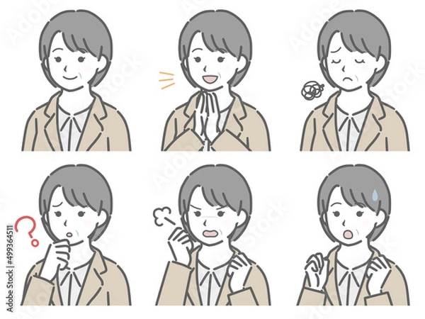 Fototapeta スーツの中年女性の斜め向き表情セット