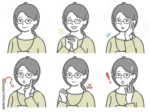 Fototapeta 私服の中年女性社員の斜め向き表情セット