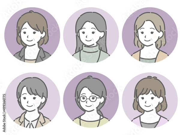 Fototapeta 中年女性の斜め向き丸アイコンセット