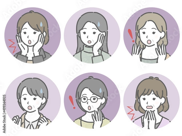 Fototapeta 驚く中年女性の斜め向き丸アイコンセット