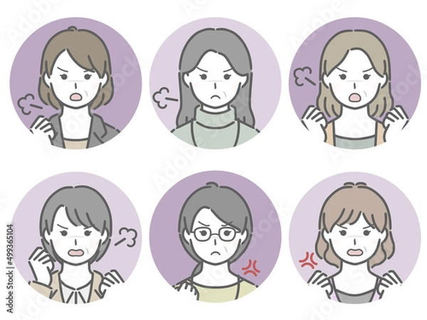 Fototapeta 怒る中年女性の丸アイコンセット