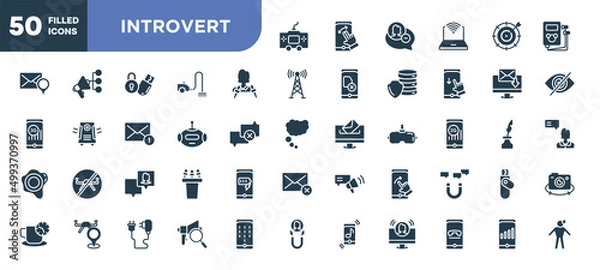 Fototapeta set of 50 filled introvert icons. editable glyph icons collection such as console, journalist, bot, followers, swipe right, expertise, high vector illustration.