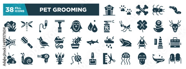 Obraz pet grooming glyph icons set. editable filled icons such as pet house, pawprint, bones, tarantula, worm icons. vector illustration