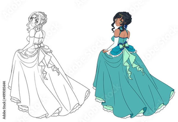 Fototapeta Vector illustration of anime princess standing and wearing ball dress.