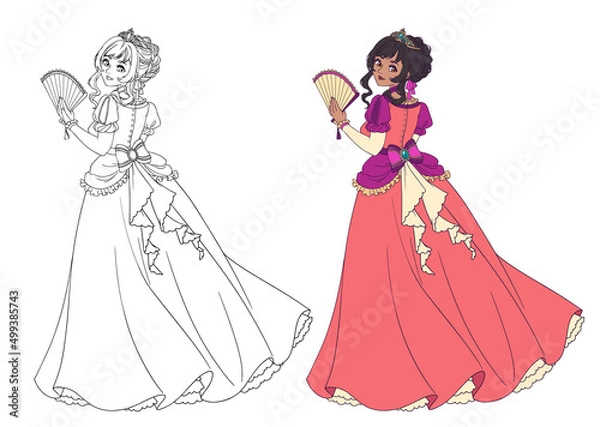 Fototapeta Vector illustration of cartoon princess standing and holding fan.