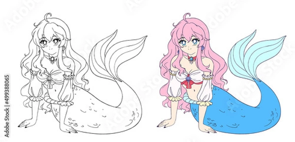 Fototapeta Anime pretty mermaid with curly pink hair and fish tail.