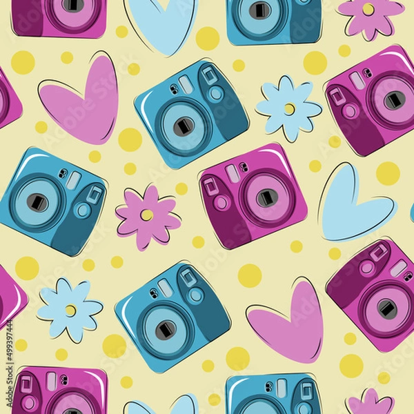 Obraz Seamless pattern with camera. Summer vector illustration. Flower, camera and yellow background.
