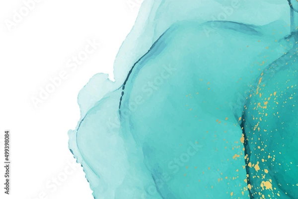 Fototapeta Modern watercolor background or elegant card design or wallpaper or poster with abstract turquoise ink waves and golden splashes.