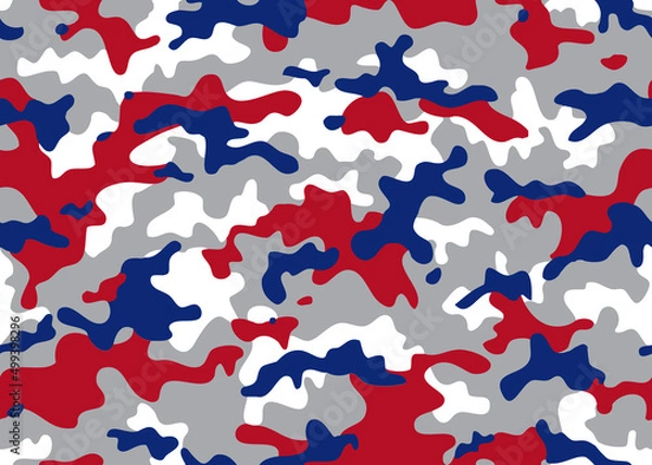 Obraz Camouflage seamless pattern. Trendy style camo colors of the UK, repeat print. Vector illustration. red, blue and white color texture, military army hunting