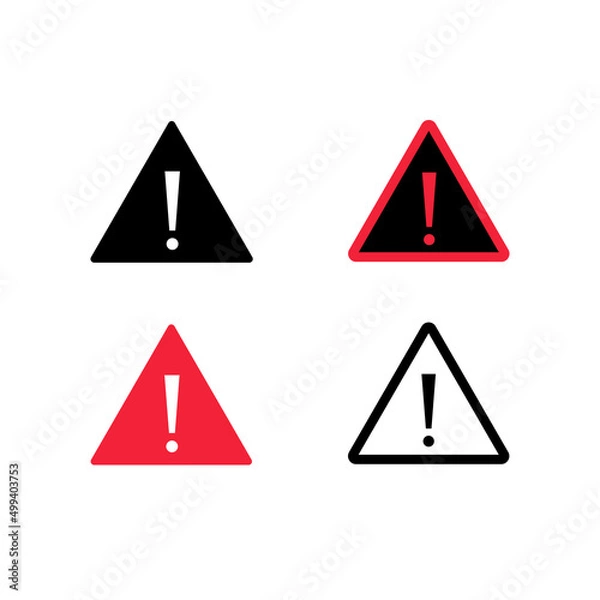 Fototapeta Warning and risk icon. Attention danger, be careful. Warning signs set. Red, black and white triangle and exclamation point. Flat vector icon on white background