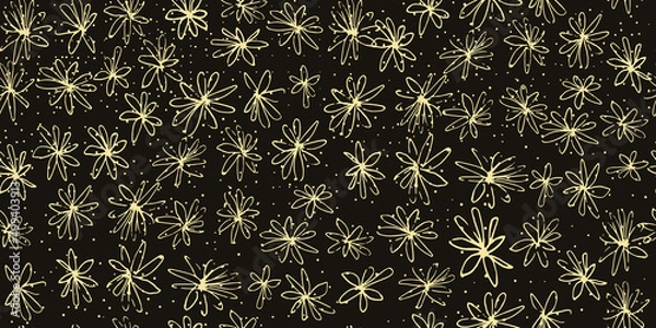 Fototapeta Hand-drawn horizontal floral background. Seamless floral pattern in doodle style. Sketch golden flowers on a black background. Ideal for wrapping paper, fabric, home textiles