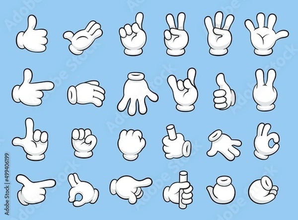 Fototapeta Retro cartoon gloved hands gestures. Thumb up, finger count, forefinger pointing, fist and palm waving hello. Comic style character hands sign vector set