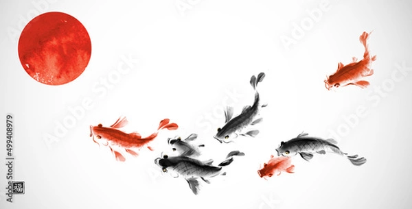 Obraz School of koi carps and big red sun. Traditional oriental ink painting sumi-e, u-sin, go-hua. Symbol of good fortune, success and prosperity. Translation of hieroglyph - well-being