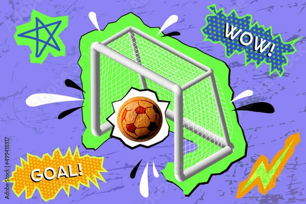 Obraz A ball flies into the gate. Scoring goal. Lilac background in pop art style, retro, comic