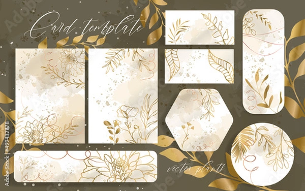 Fototapeta Set Invitation Card Leaves Background - Hand drawn colorful plant set modern and universally usable. Flower branch and minimalistic plants. Hand drawn lines, elegant leaves for your own design.