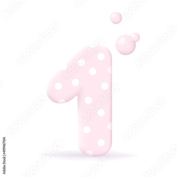 Fototapeta Cute 3d number 1 isolated on white background. Soft, pink stock vector illustration. Sticker for kids content, First anniversary