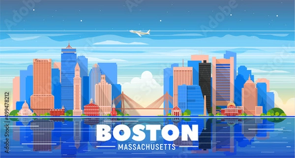 Fototapeta Boston ( Massachusetts, USA ) skyline with panorama in blue sky background. Vector Illustration. Business travel and tourism concept with modern buildings. Image for presentation, banner, web site.