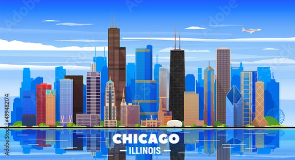 Obraz Chicago skyline on background. Flat vector illustration. Business travel and tourism concept with modern buildings. Image for banner or web site.