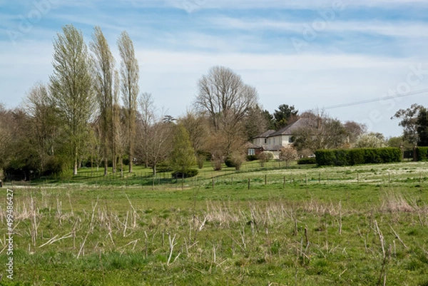 Fototapeta looking across meadows and a paddock to an English period country house, secluded by garden trees and hedgerow