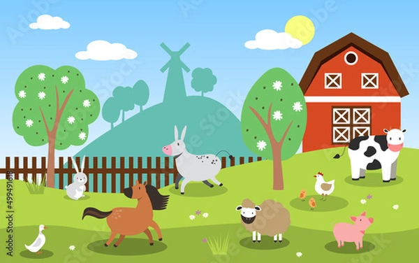 Fototapeta Vector illustration of farm animals such as cow, horse, pig, sheep, chicken, rabbit with barn and windmill. EPS