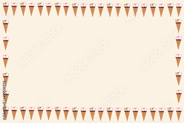 Obraz Two flavors of ice cream cones alternating chocolate and strawberry. Surrounded by pastel colors like a picture frame, or put text in an empty space with cute and appetizing colors.