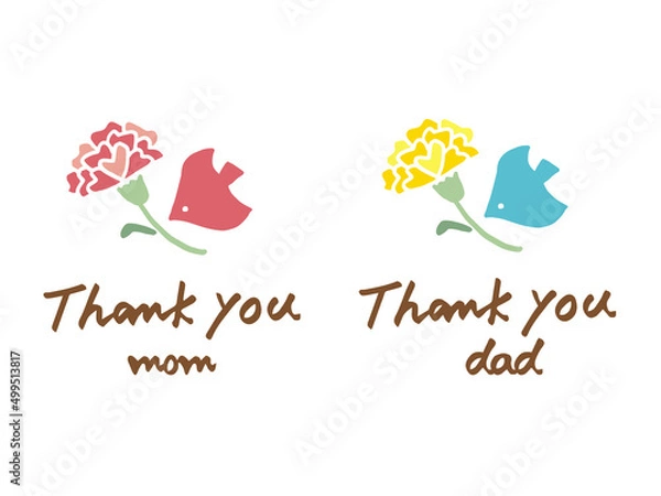 Fototapeta かわいい花と鳥の父の日と母の日セット／手書きイラスト