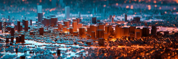 Fototapeta Metropolitan area and city lights. Smart city and technology concepts. 3D rendering.