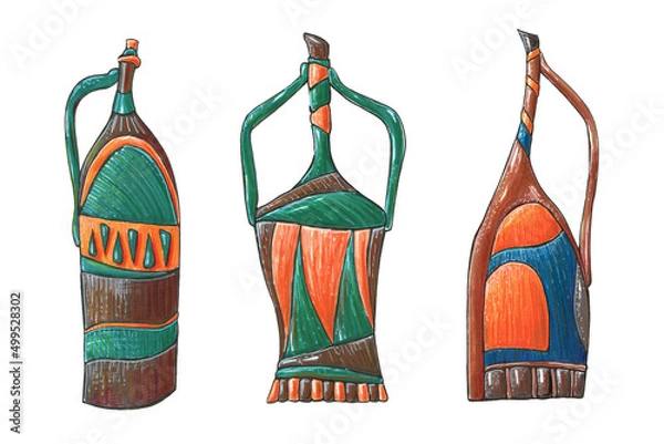 Fototapeta Set with ceramic bottle with an ornament. Stylized tableware with decor.