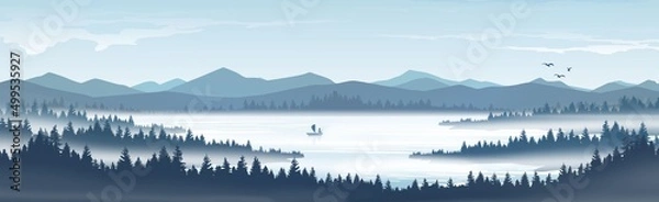 Fototapeta Landscape vector illustration of mountains and pine forests with mountains and lakes in fog.
