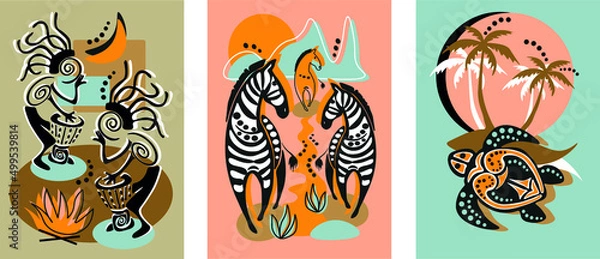 Fototapeta Vector set of posters with African themes. Plants, animals, abstract forms and landscape.