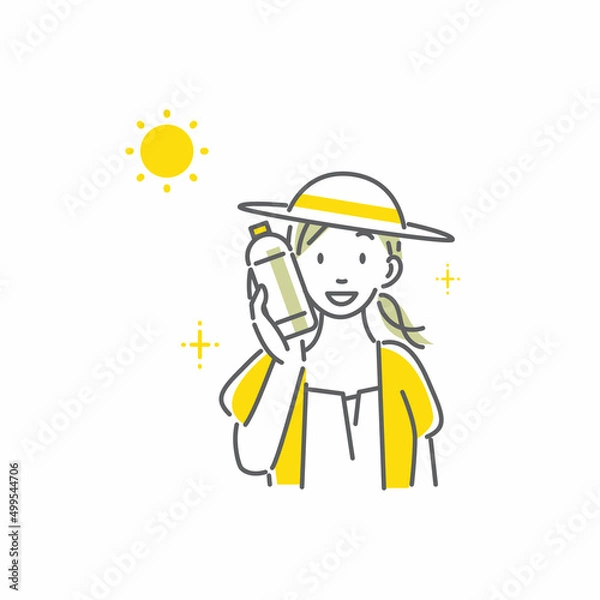 Obraz 熱中症対策をして外出する女性　シンプルでお洒落な線画イラスト