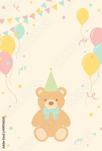 Fototapeta vector background with teddy bear and party icons for banners, cards, flyers, social media wallpapers, etc.